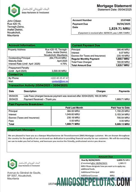 imprimível Mauritânia Banque Mauritanienne De L'Investissement (BMI) Declaração de hipoteca Word e modelo PDF